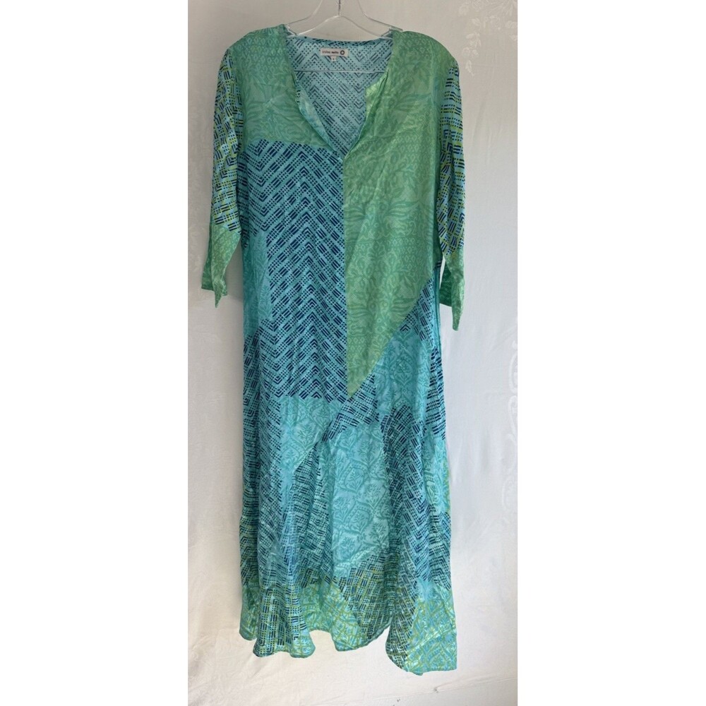 Krishna Mehta Long Maxi Dress Geometric Pattern Blue Green V Open Neck Large